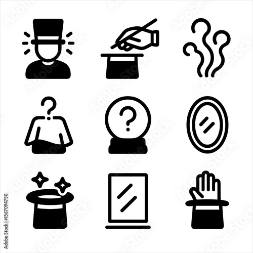 Smoke and Mirrors Icons. Solid, filled icon set of smoke and mirrors: illusion, magic trick, smoke effect, magician’s hat, hidden