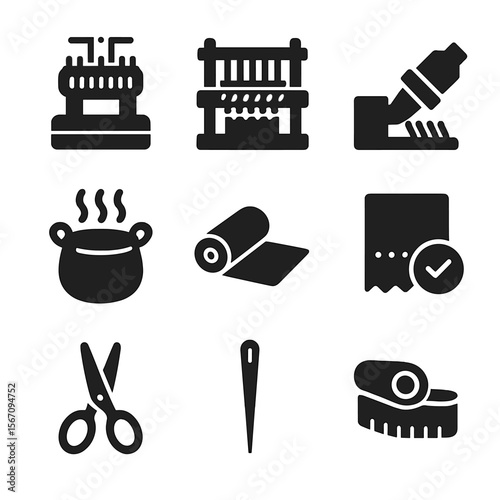 Textile Machinery Icons. Solid, filled icon set of stretch material manufacturing: knitting machine, weaving loom, rubber extruder