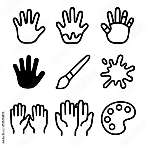 Painted Hands Icons. Solid, filled icon set of painted hands in a circle: handprint, palm painting, colorful fingers, hand stencil
