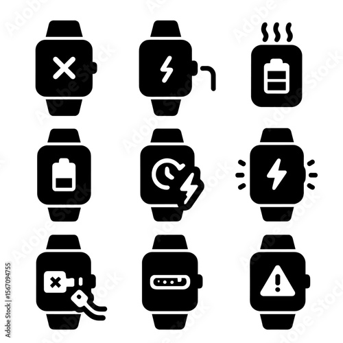 Smartwatch Charging Errors Icons. Solid, filled icon set of smartwatch charging errors and issues: charging failed, cable
