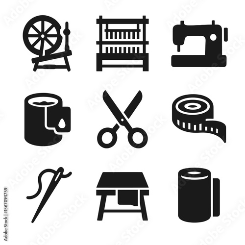 Textile Tools Icons. Solid, filled icon set of textile production tools: spinning wheel, loom, sewing machine, dye vat, scissors,