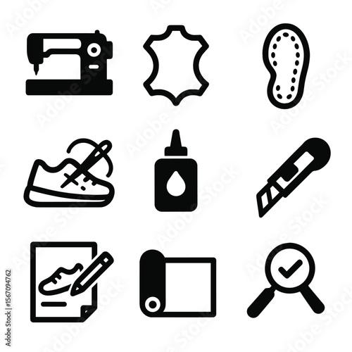 Sneaker Icon Set. Solid, filled icon set of sneaker manufacturing: sewing machine, leather piece, sole mold, stitching, glue