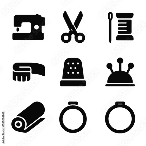 Textile Tools Icons. Solid, filled icon set of textile tools: sewing machine, scissors, needle, thread spool, measuring tape,