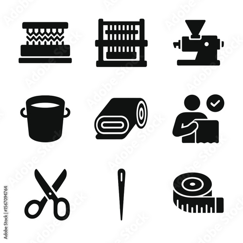 Textile Machinery Icons. Solid, filled icon set of stretch material manufacturing: knitting machine, weaving loom, rubber extruder
