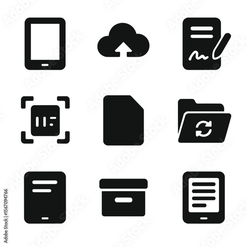 Paperless Productivity Icons. Solid, filled icon set of paperless productivity: tablet device, cloud upload, e-note, e-signature,