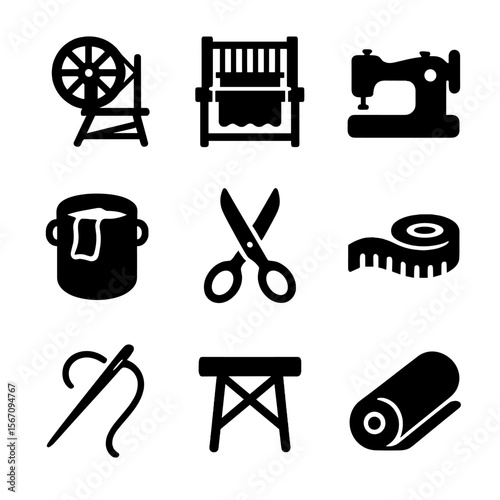 Textile Tools Icons. Solid, filled icon set of textile production tools: spinning wheel, loom, sewing machine, dye vat, scissors,