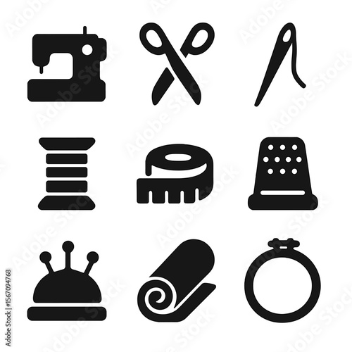 Textile Tools Icons. Solid, filled icon set of textile tools: sewing machine, scissors, needle, thread spool, measuring tape,