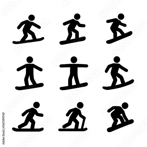 Snowboarding Icon Set. Solid, filled icon set of snowboarding movements: carving, sliding, jumping, landing, balancing, turning,