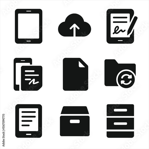 Paperless Productivity Icons. Solid, filled icon set of paperless productivity: tablet device, cloud upload, e-note, e-signature,