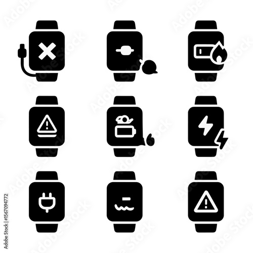 Smartwatch Charging Errors Icons. Solid, filled icon set of smartwatch charging errors and issues: charging failed, cable