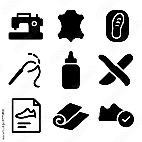 Sneaker Icon Set. Solid, filled icon set of sneaker manufacturing: sewing machine, leather piece, sole mold, stitching, glue