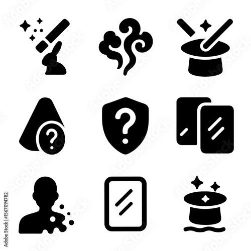 Smoke and Mirrors Icons. Solid, filled icon set of smoke and mirrors: illusion, magic trick, smoke effect, magician’s hat, hidden