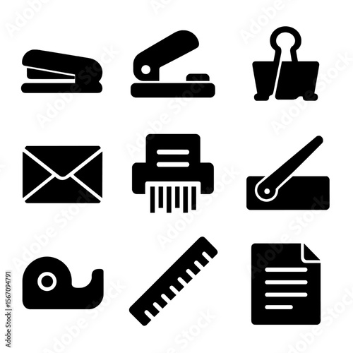 Paper Management Icons. Solid, filled icon set of paper management tools: stapler, hole punch, binder clip, envelope, shredder,
