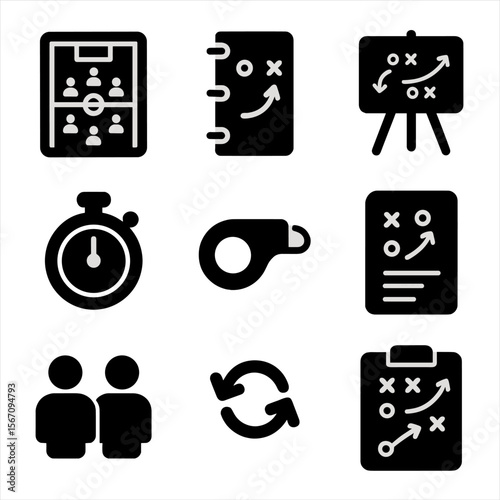 Soccer Strategy Icons. Solid, filled icon set of soccer tactics and strategy: formation chart, playbook, tactics board, stopwatch,