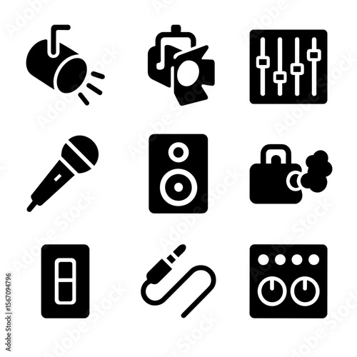Theatre Equipment Icons. Solid, filled icon set of theatrical lighting and sound: spotlight, stage light, sound mixer, microphone,