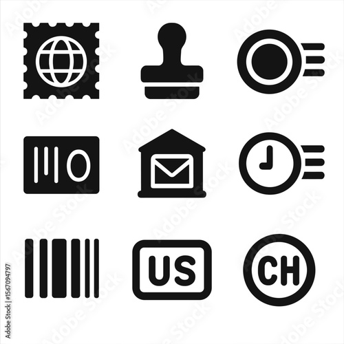 International Mail Icons. Solid, filled icons set of international mail stamps: globe stamp, customs ink,