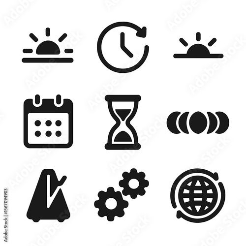 Time Cycle Icons. Solid, filled icon set of time passage and cycles: sunrise, sunset, clock with arrows, calendar, hourglass