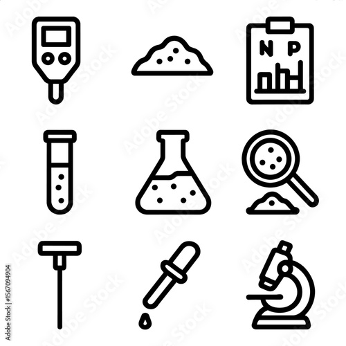 Soil Testing Icons. Solid, filled icon set of soil testing and analysis: pH meter, soil sample, nutrient chart, microscope, test