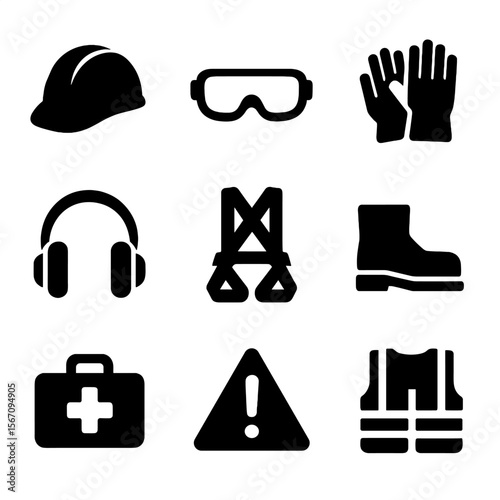 Timber Safety Gear Icons. Solid, filled icon set of timber framing safety equipment: hard hat, safety goggles, gloves, ear