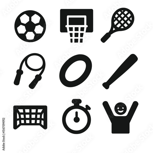 Parent-Child Sports Icons. Solid, filled icon set of parent-child sports fun: soccer ball, basketball hoop, tennis racquet, jump