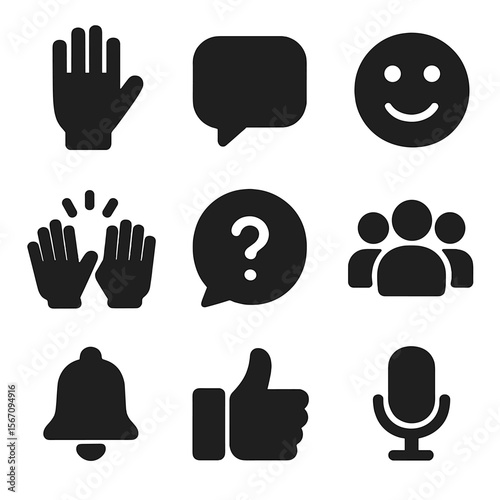 Participant Engagement Icons. Solid, filled icon set of participant engagement: raised hand, chat bubble, emoji reaction, applause