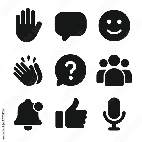 Participant Engagement Icons. Solid, filled icon set of participant engagement: raised hand, chat bubble, emoji reaction, applause
