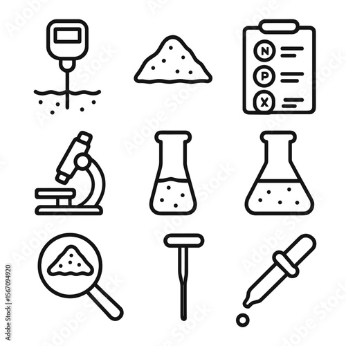 Soil Testing Icons. Solid, filled icon set of soil testing and analysis: pH meter, soil sample, nutrient chart, microscope, test