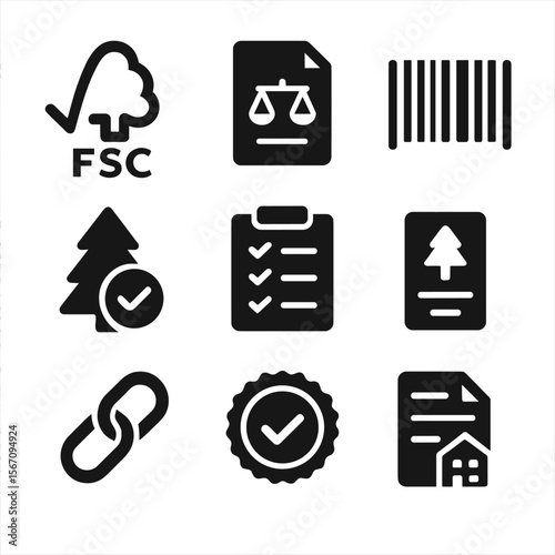 Timber Certification Icons. Solid, filled icon set of timber certification and legality: FSC logo, legal document, barcode,
