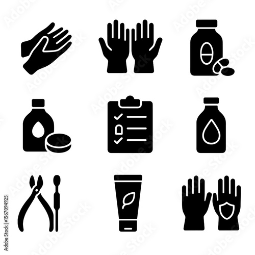Soft Manicure Icons. Solid, filled icon set of Soft manicure self-care: hand massage, moisturizing gloves, nail strengthening