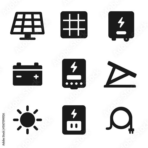 Solar Energy Icons. Solid, filled icon set of solar energy components: solar panel, photovoltaic cell, solar inverter, battery