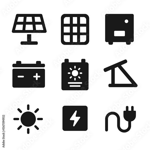 Solar Energy Icons. Solid, filled icon set of solar energy components: solar panel, photovoltaic cell, solar inverter, battery