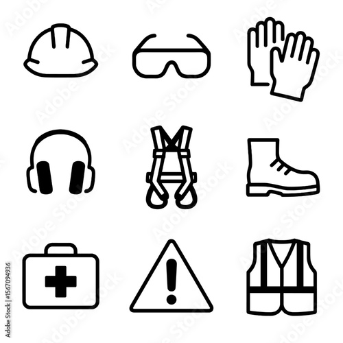 Timber Safety Gear Icons. Solid, filled icon set of timber framing safety equipment: hard hat, safety goggles, gloves, ear