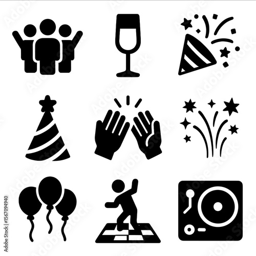 Party Icons Collection. Solid, filled icon set of audience and celebration: cheering crowd, champagne glass, confetti popper,