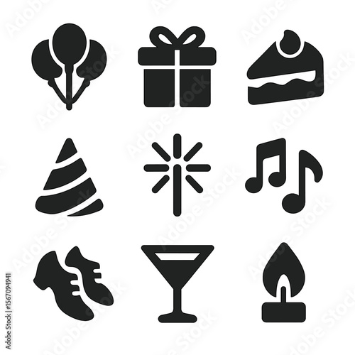 Party Icon Collection. Solid, filled icon set of party essentials: balloon bunch, wrapped gift, cake slice, birthday hat, sparkler