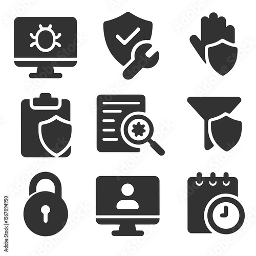 IT Security Icons. Solid, filled icons set of IT security tools: vulnerability scanner, patch management,