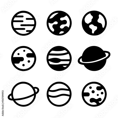 Solar System Icons. Solid, filled icon set of planets of the solar system: Mercury, Venus, Earth, Mars, Jupiter, Saturn, Uranus,