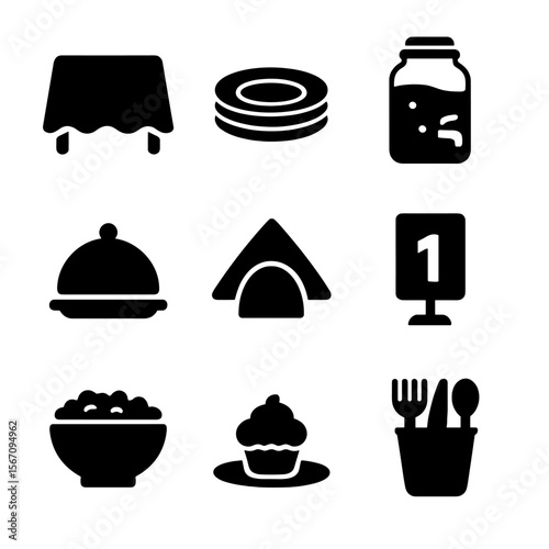 Party Essentials Icons. Solid, filled icon set of party table essentials: tablecloth, plate stack, drink dispenser, serving tray,