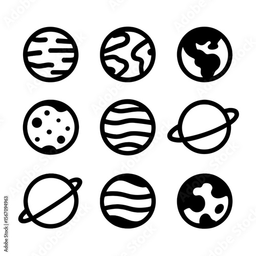 Solar System Icons. Solid, filled icon set of planets of the solar system: Mercury, Venus, Earth, Mars, Jupiter, Saturn, Uranus,