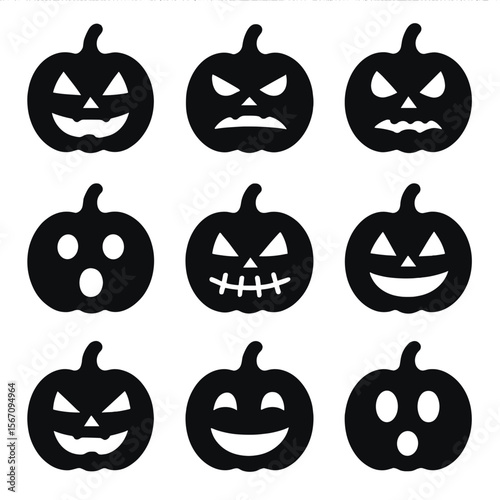 Jack-o'-Lantern Icons. Solid, filled icons set of traditional jack-o'-lantern faces: triangle eyes, toothy