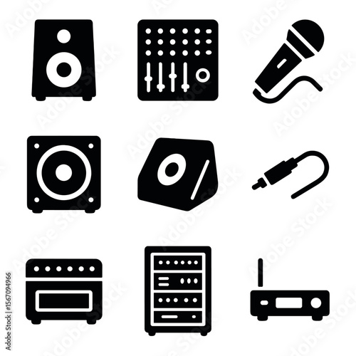Solid Icon Sets. Solid, filled icon set of concert sound equipment: stage speaker, mixing console, microphone, subwoofer, monitor