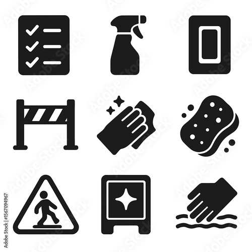 Janitorial Surface Icons. Solid, filled icons set of janitorial surface tasks: checklist, spray bottle, light