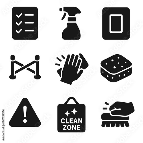Janitorial Surface Icons. Solid, filled icons set of janitorial surface tasks: checklist, spray bottle, light