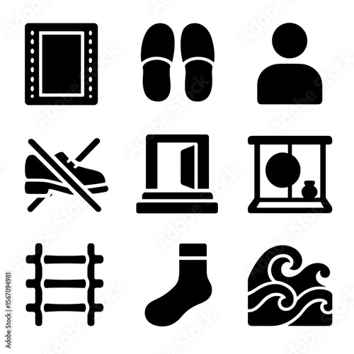 Japanese Etiquette Icons. Solid, filled icons set of Japanese indoor etiquette: tatami mat, slipper pair,