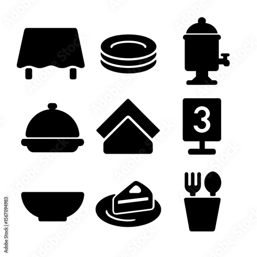 Party Essentials Icons. Solid, filled icon set of party table essentials: tablecloth, plate stack, drink dispenser, serving tray,