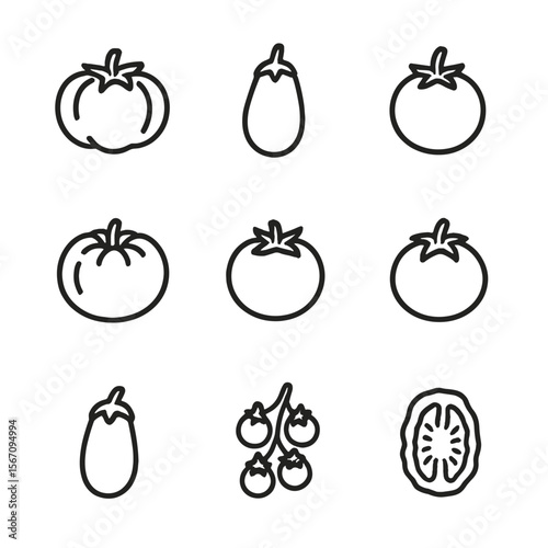 Tomato Icon Collection. Solid, filled icon set of tomato varieties: heirloom tomato, Roma tomato, grape tomato, beefsteak tomato,