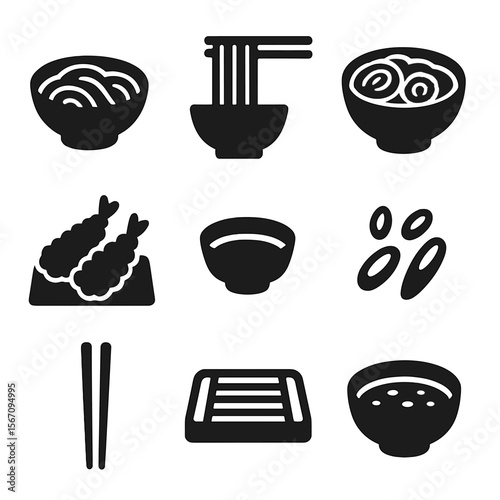 Japanese Noodle Icon Set. Solid, filled icons set of traditional Japanese noodle dishes: soba bowl, udon