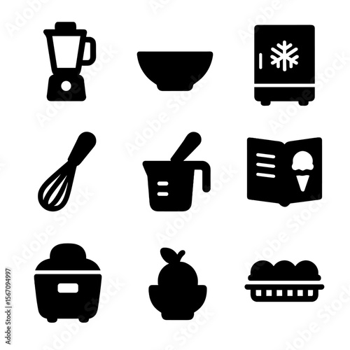 Sorbet Process Icons. Solid, filled icon set of sorbet making process: blender, mixing bowl, freezer, whisk, measuring cup, recipe