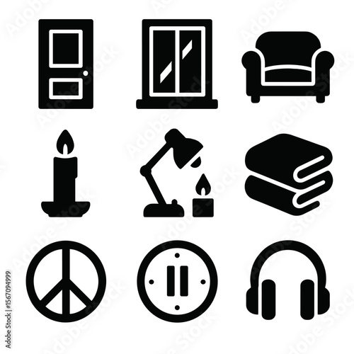 Solitude Icon Grid. Solid, filled icon set of solitude and quiet moments: closed door, window light, comfy sofa, candlelit room,