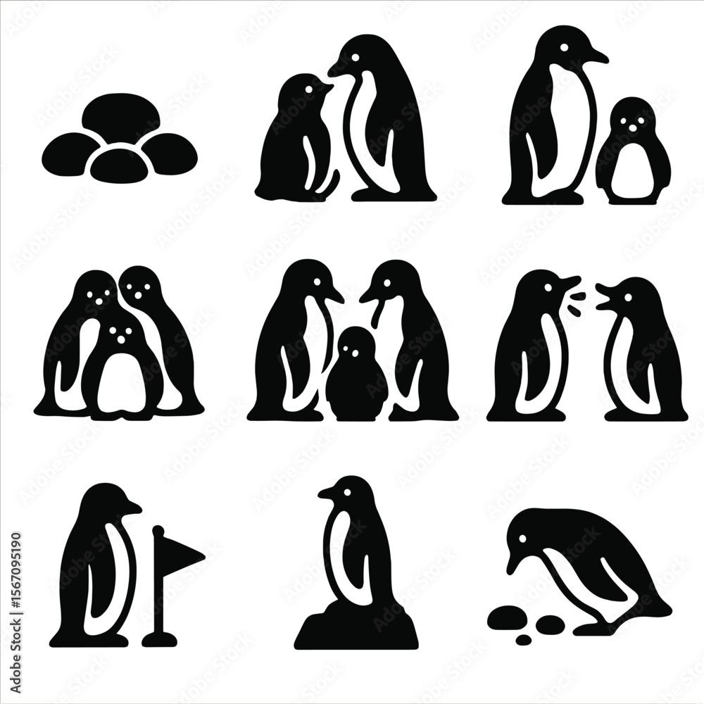 Fototapeta premium Penguin Life Icons. Solid, filled icon set of penguin colony life: nest with stones, chick feeding, adult guarding, group huddle,