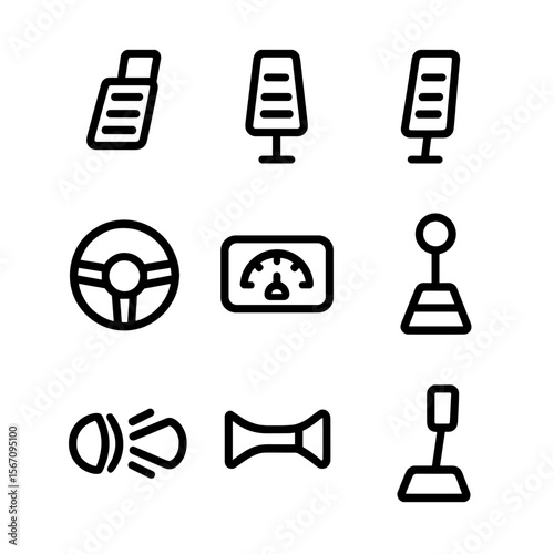 Tractor Controls Icons. Solid, filled icon set of tractor controls: accelerator pedal, brake pedal, clutch pedal, steering wheel,